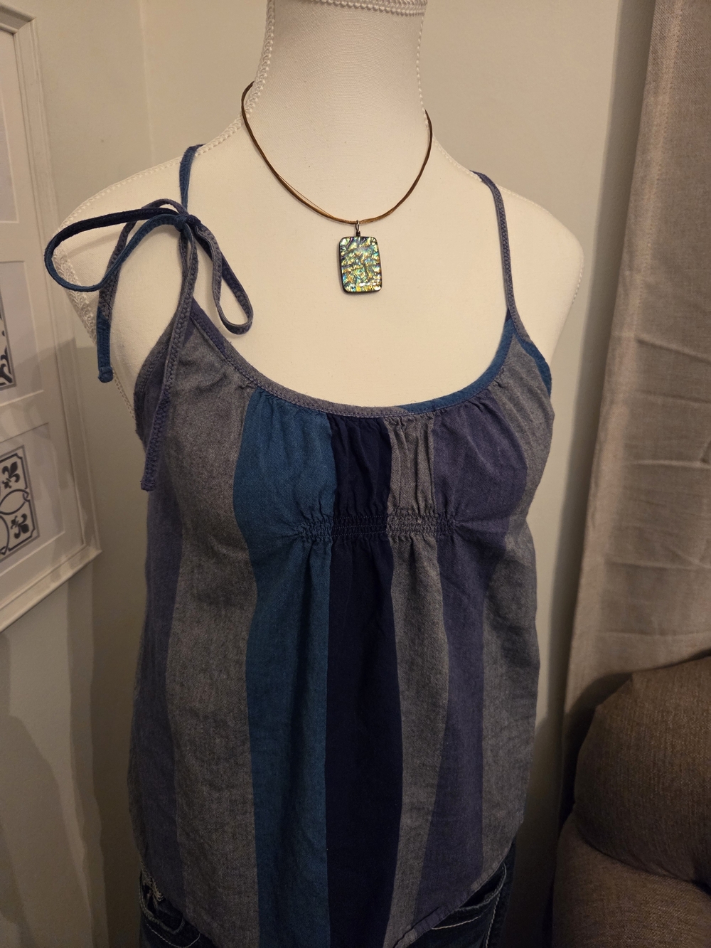 Y2K Roxy Ruched Bust & Back Chambray Striped Babydoll Camisole